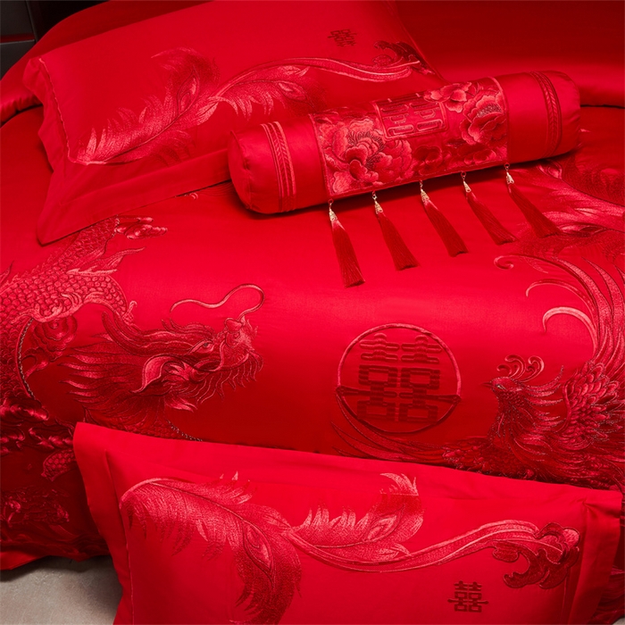 91家纺网 家纺一手货源 找家纺 宏羽纺家纺 2025新款全棉100%全棉新中式婚庆多件套 全棉一凤舞龙跃-红