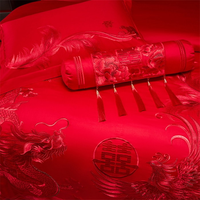 91家纺网 家纺一手货源 找家纺 宏羽纺家纺 2025新款全棉100%全棉新中式婚庆多件套 全棉一凤舞龙跃-红