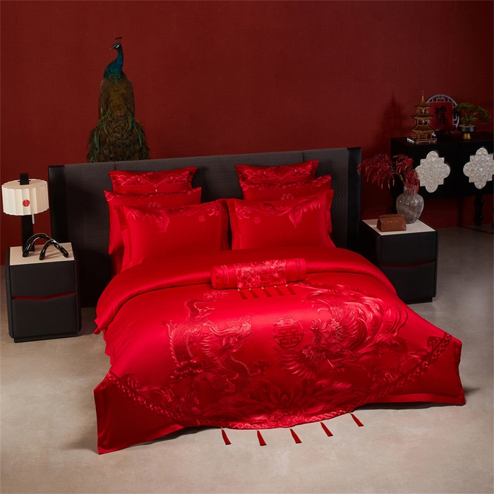 91家纺网 家纺一手货源 找家纺 宏羽纺家纺 2025新款全棉100%全棉新中式婚庆多件套 全棉一凤舞龙跃-红