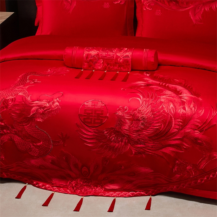 91家纺网 家纺一手货源 找家纺 宏羽纺家纺 2025新款全棉100%全棉新中式婚庆多件套 全棉一凤舞龙跃-红