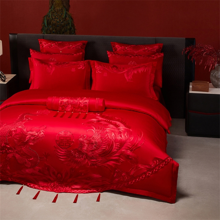 91家纺网 家纺一手货源 找家纺 宏羽纺家纺 2025新款全棉100%全棉新中式婚庆多件套 全棉一凤舞龙跃-红