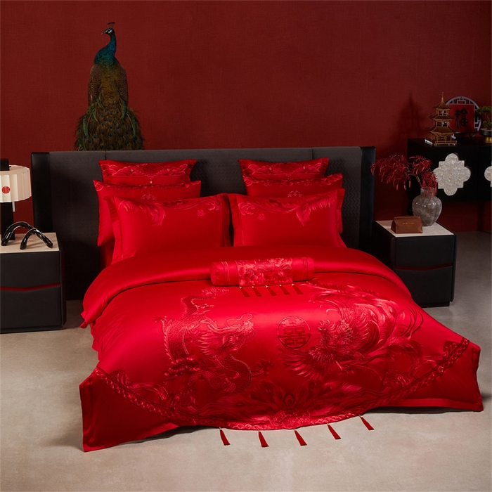 91家纺网 家纺一手货源 找家纺 宏羽纺家纺 2025新款全棉100%全棉新中式婚庆多件套 全棉一凤舞龙跃-红