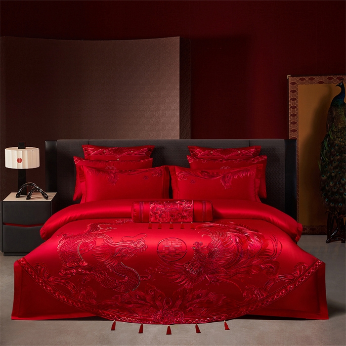 宏羽纺家纺 2025新款全棉100%全棉新中式婚庆多件套 全棉一凤舞龙跃-红