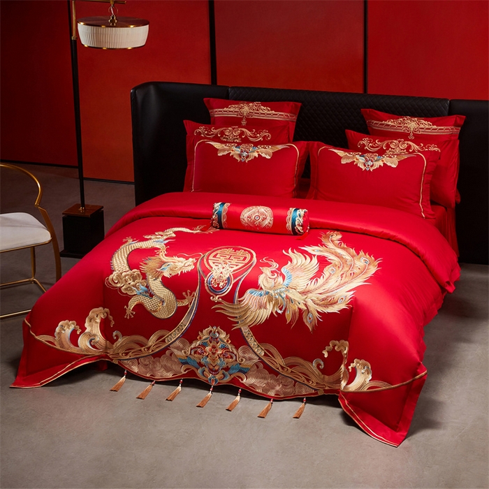 91家纺网 家纺一手货源 找家纺 宏羽纺家纺 2025新款全棉100%全棉新中式婚庆多件套 全棉喜乐龙凤-金