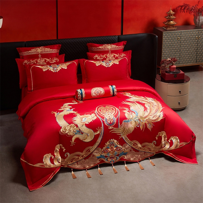 91家纺网 家纺一手货源 找家纺 宏羽纺家纺 2025新款全棉100%全棉新中式婚庆多件套 全棉喜乐龙凤-金