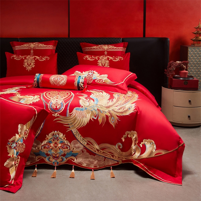 91家纺网 家纺一手货源 找家纺 宏羽纺家纺 2025新款全棉100%全棉新中式婚庆多件套 全棉喜乐龙凤-金