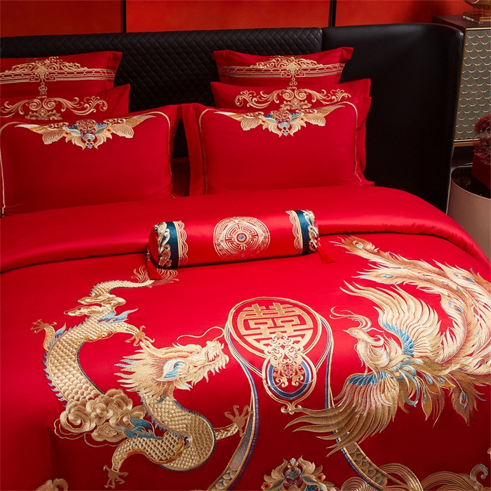 91家纺网 家纺一手货源 找家纺 宏羽纺家纺 2025新款全棉100%全棉新中式婚庆多件套 全棉喜乐龙凤-金