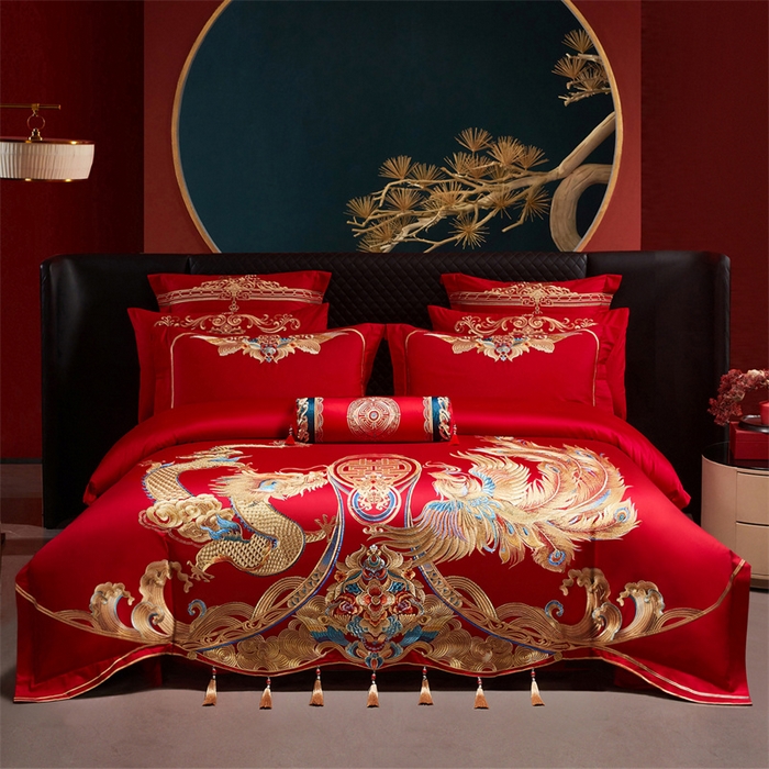 91家纺网 家纺一手货源 找家纺 宏羽纺家纺 2025新款全棉100%全棉新中式婚庆多件套 全棉喜乐龙凤-金