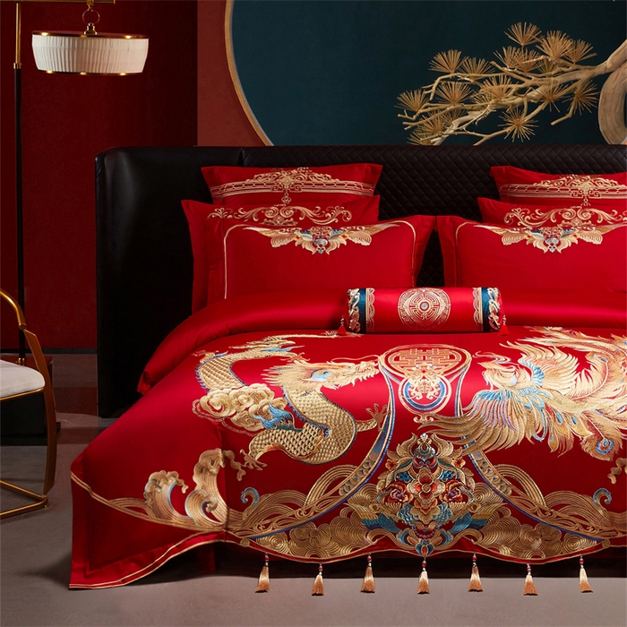 91家纺网 家纺一手货源 找家纺 宏羽纺家纺 2025新款全棉100%全棉新中式婚庆多件套 全棉喜乐龙凤-金