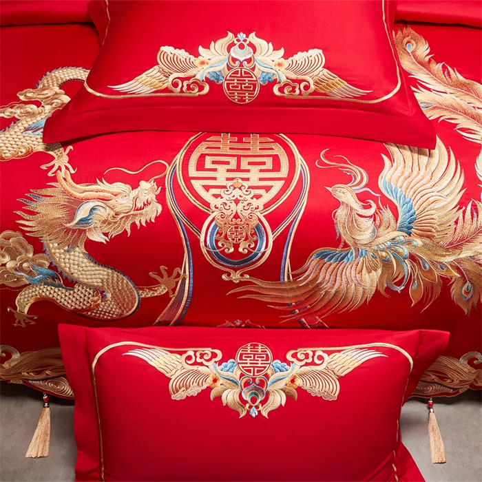 91家纺网 家纺一手货源 找家纺 宏羽纺家纺 2025新款全棉100%全棉新中式婚庆多件套 全棉喜乐龙凤-金