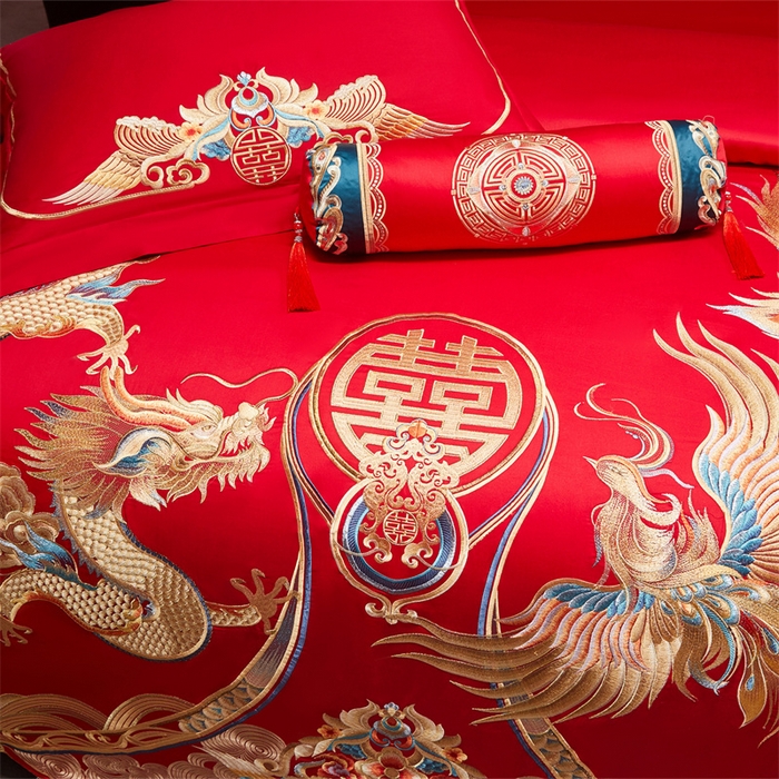 91家纺网 家纺一手货源 找家纺 宏羽纺家纺 2025新款全棉100%全棉新中式婚庆多件套 全棉喜乐龙凤-金