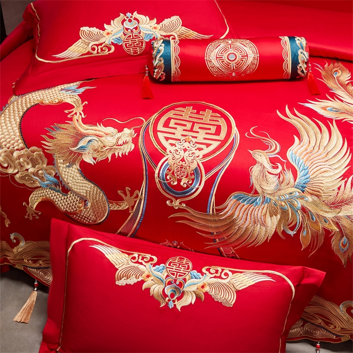 91家纺网 家纺一手货源 找家纺 宏羽纺家纺 2025新款全棉100%全棉新中式婚庆多件套 全棉喜乐龙凤-金