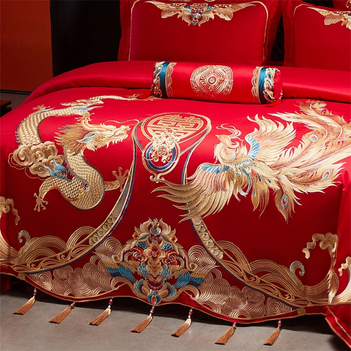 91家纺网 家纺一手货源 找家纺 宏羽纺家纺 2025新款全棉100%全棉新中式婚庆多件套 全棉喜乐龙凤-金