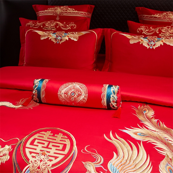 91家纺网 家纺一手货源 找家纺 宏羽纺家纺 2025新款全棉100%全棉新中式婚庆多件套 全棉喜乐龙凤-金