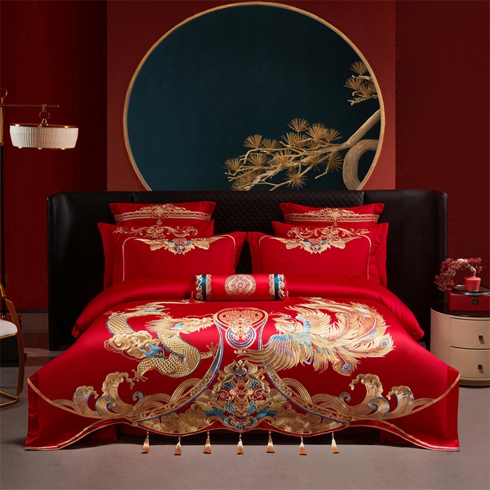 宏羽纺家纺 2025新款全棉100%全棉新中式婚庆多件套 全棉喜乐龙凤-金