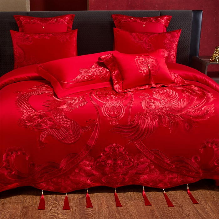 91家纺网 家纺一手货源 找家纺 宏羽纺家纺 2025新款全棉100%全棉新中式婚庆多件套 全棉喜乐龙凤-红