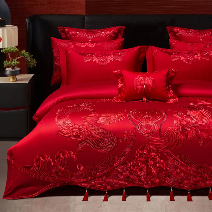 91家纺网 家纺一手货源 找家纺 宏羽纺家纺 2025新款全棉100%全棉新中式婚庆多件套 全棉喜乐龙凤-红