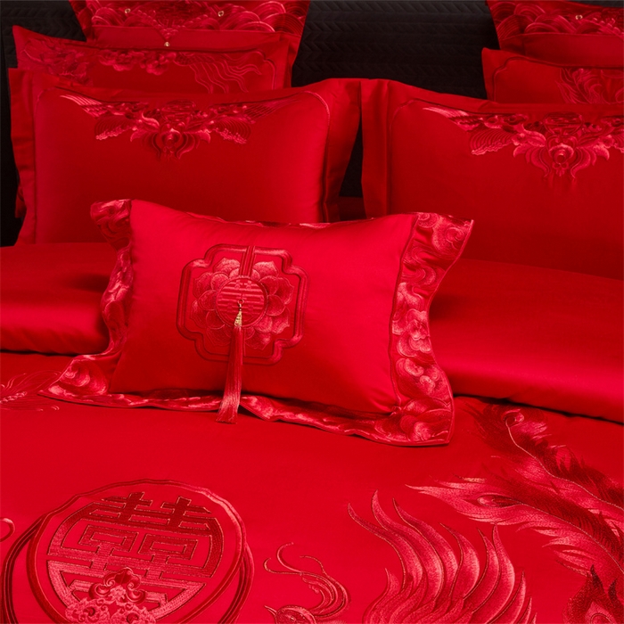 91家纺网 家纺一手货源 找家纺 宏羽纺家纺 2025新款全棉100%全棉新中式婚庆多件套 全棉喜乐龙凤-红
