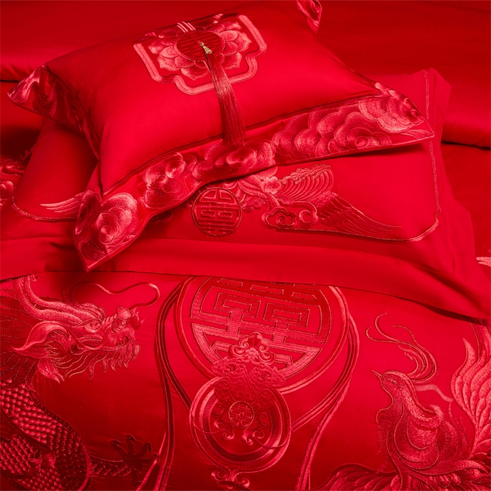91家纺网 家纺一手货源 找家纺 宏羽纺家纺 2025新款全棉100%全棉新中式婚庆多件套 全棉喜乐龙凤-红