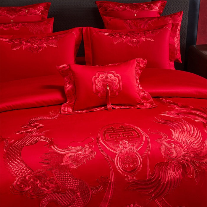 91家纺网 家纺一手货源 找家纺 宏羽纺家纺 2025新款全棉100%全棉新中式婚庆多件套 全棉喜乐龙凤-红