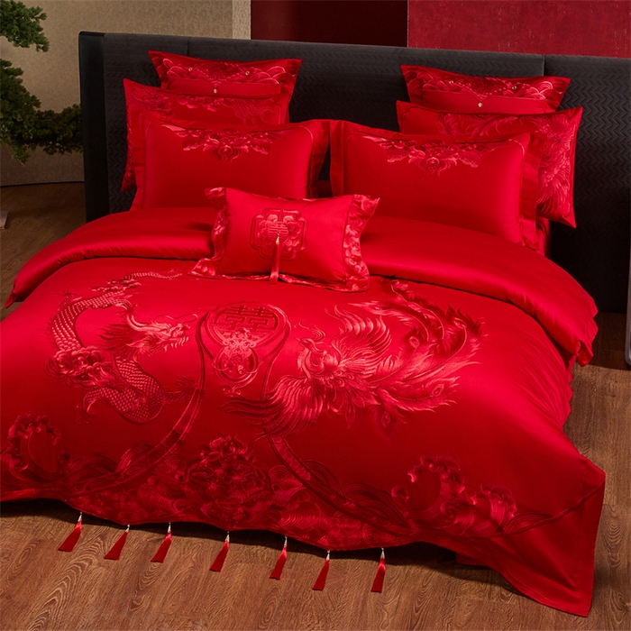 91家纺网 家纺一手货源 找家纺 宏羽纺家纺 2025新款全棉100%全棉新中式婚庆多件套 全棉喜乐龙凤-红