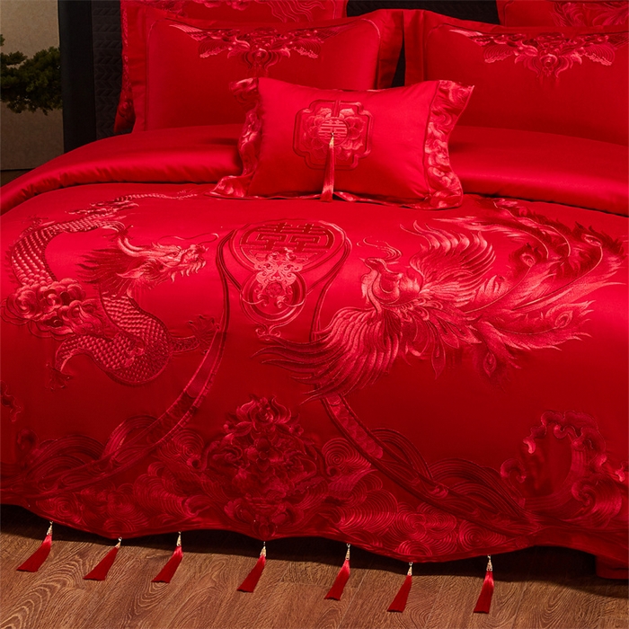 91家纺网 家纺一手货源 找家纺 宏羽纺家纺 2025新款全棉100%全棉新中式婚庆多件套 全棉喜乐龙凤-红