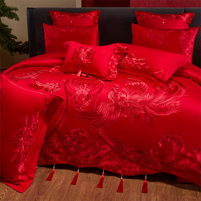 91家纺网 家纺一手货源 找家纺 宏羽纺家纺 2025新款全棉100%全棉新中式婚庆多件套 全棉喜乐龙凤-红