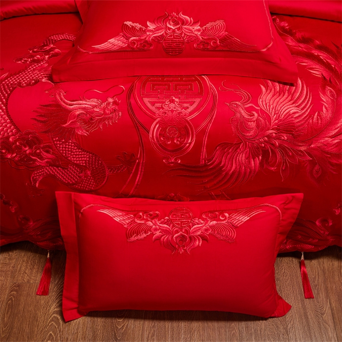 91家纺网 家纺一手货源 找家纺 宏羽纺家纺 2025新款全棉100%全棉新中式婚庆多件套 全棉喜乐龙凤-红
