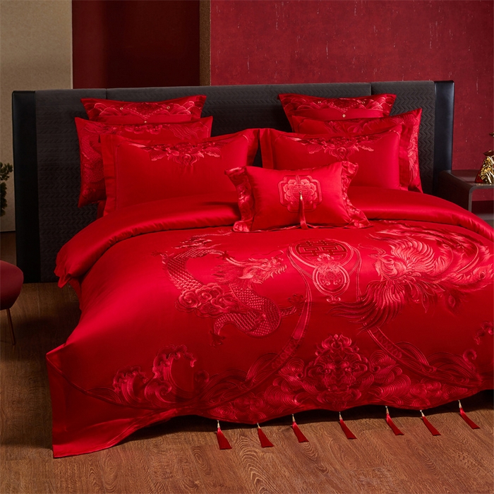 91家纺网 家纺一手货源 找家纺 宏羽纺家纺 2025新款全棉100%全棉新中式婚庆多件套 全棉喜乐龙凤-红