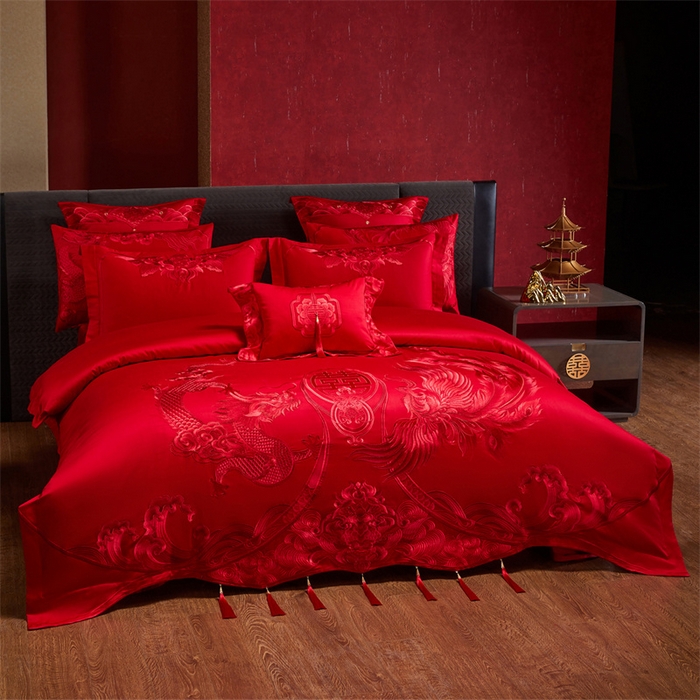 91家纺网 家纺一手货源 找家纺 宏羽纺家纺 2025新款全棉100%全棉新中式婚庆多件套 全棉喜乐龙凤-红