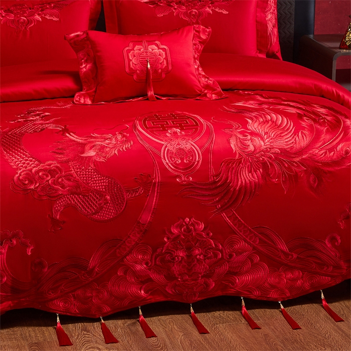91家纺网 家纺一手货源 找家纺 宏羽纺家纺 2025新款全棉100%全棉新中式婚庆多件套 全棉喜乐龙凤-红
