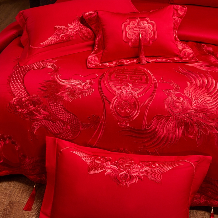 91家纺网 家纺一手货源 找家纺 宏羽纺家纺 2025新款全棉100%全棉新中式婚庆多件套 全棉喜乐龙凤-红