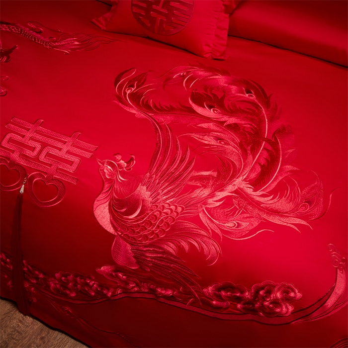 91家纺网 家纺一手货源 找家纺 宏羽纺家纺 2025新款全棉100%全棉新中式婚庆多件套 全棉我心永恒-红