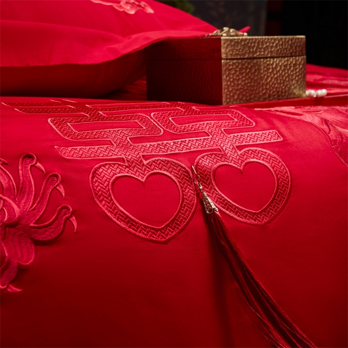 91家纺网 家纺一手货源 找家纺 宏羽纺家纺 2025新款全棉100%全棉新中式婚庆多件套 全棉我心永恒-红