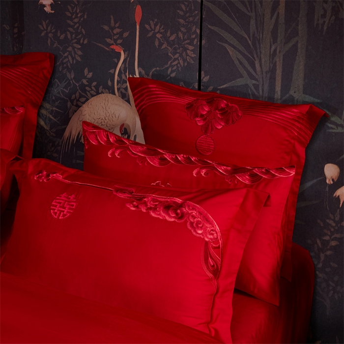 91家纺网 家纺一手货源 找家纺 宏羽纺家纺 2025新款全棉100%全棉新中式婚庆多件套 全棉我心永恒-红