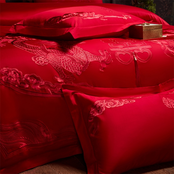 91家纺网 家纺一手货源 找家纺 宏羽纺家纺 2025新款全棉100%全棉新中式婚庆多件套 全棉我心永恒-红