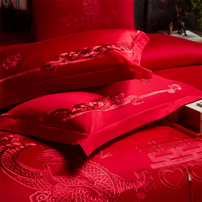 91家纺网 家纺一手货源 找家纺 宏羽纺家纺 2025新款全棉100%全棉新中式婚庆多件套 全棉我心永恒-红