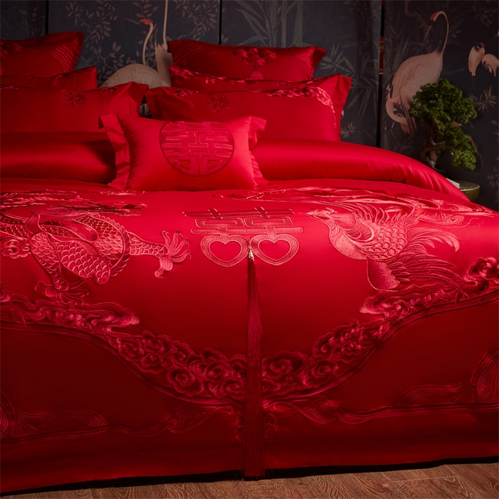 91家纺网 家纺一手货源 找家纺 宏羽纺家纺 2025新款全棉100%全棉新中式婚庆多件套 全棉我心永恒-红
