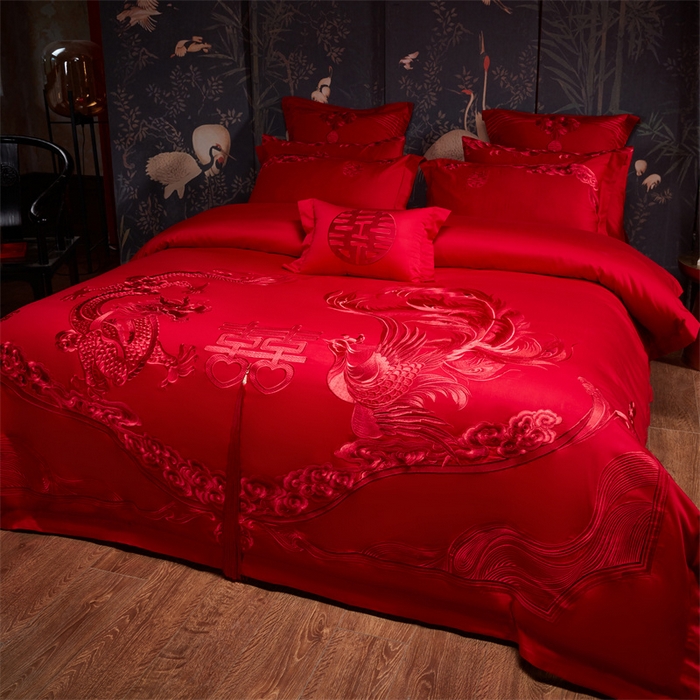 91家纺网 家纺一手货源 找家纺 宏羽纺家纺 2025新款全棉100%全棉新中式婚庆多件套 全棉我心永恒-红