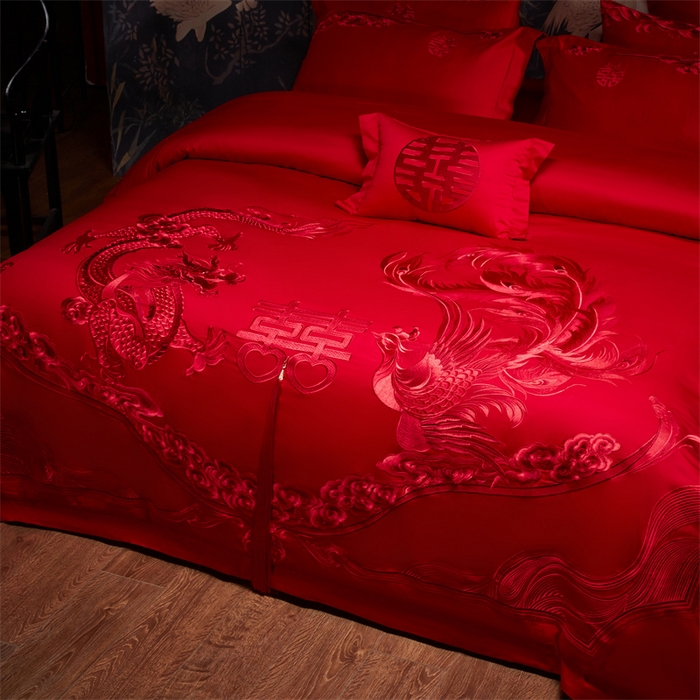 91家纺网 家纺一手货源 找家纺 宏羽纺家纺 2025新款全棉100%全棉新中式婚庆多件套 全棉我心永恒-红