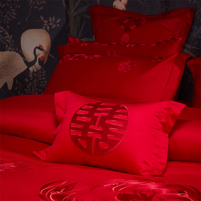 91家纺网 家纺一手货源 找家纺 宏羽纺家纺 2025新款全棉100%全棉新中式婚庆多件套 全棉我心永恒-红