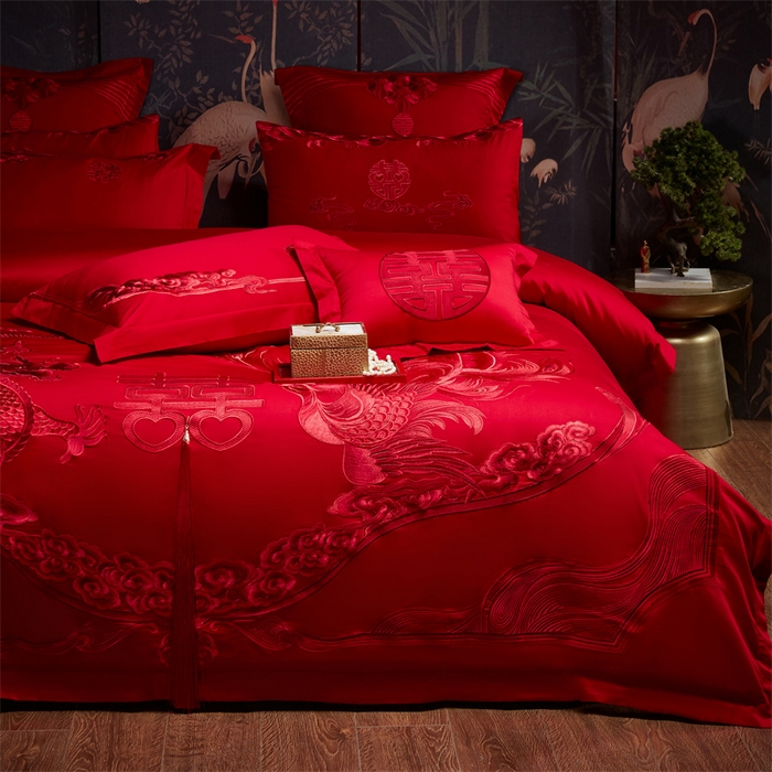 91家纺网 家纺一手货源 找家纺 宏羽纺家纺 2025新款全棉100%全棉新中式婚庆多件套 全棉我心永恒-红