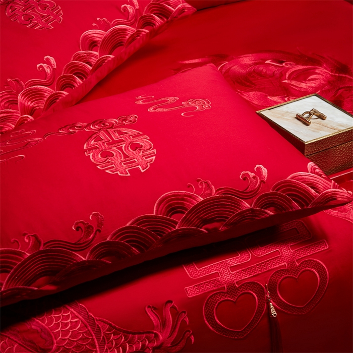 91家纺网 家纺一手货源 找家纺 宏羽纺家纺 2025新款全棉100%全棉新中式婚庆多件套 全棉我心永恒-红