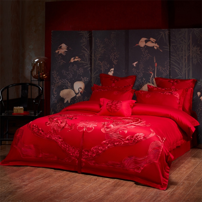 91家纺网 家纺一手货源 找家纺 宏羽纺家纺 2025新款全棉100%全棉新中式婚庆多件套 全棉我心永恒-红