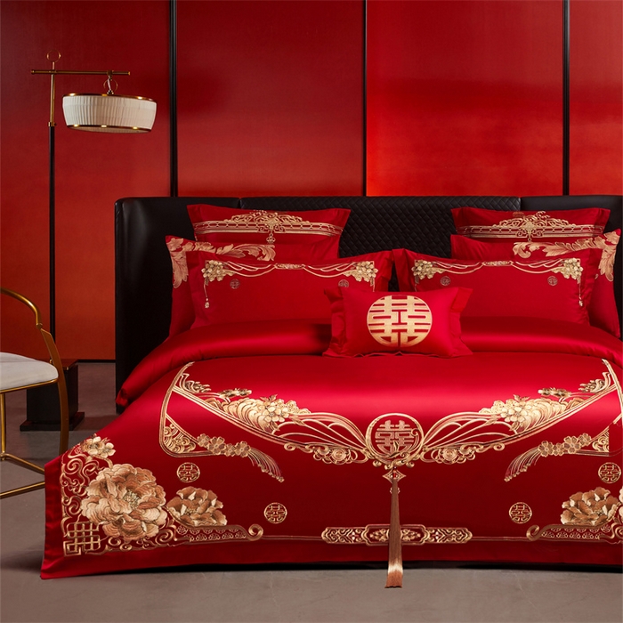 91家纺网 家纺一手货源 找家纺 宏羽纺家纺 2025新款全棉100%全棉新中式婚庆多件套 全棉甜蜜爱人-金