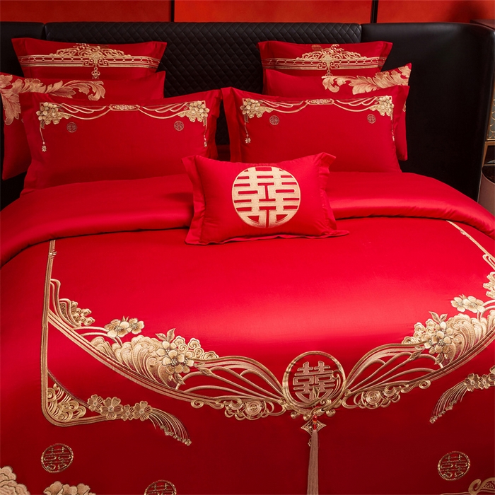 91家纺网 家纺一手货源 找家纺 宏羽纺家纺 2025新款全棉100%全棉新中式婚庆多件套 全棉甜蜜爱人-金