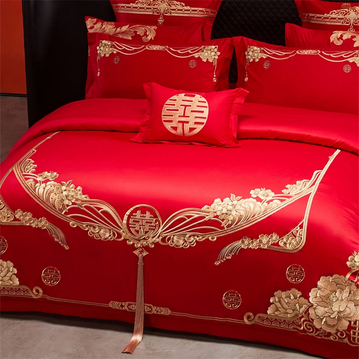 91家纺网 家纺一手货源 找家纺 宏羽纺家纺 2025新款全棉100%全棉新中式婚庆多件套 全棉甜蜜爱人-金