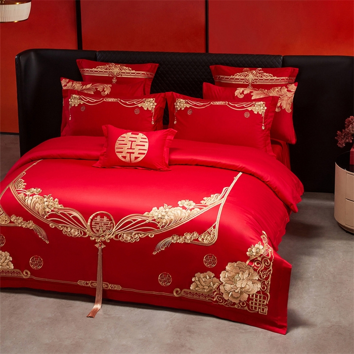 91家纺网 家纺一手货源 找家纺 宏羽纺家纺 2025新款全棉100%全棉新中式婚庆多件套 全棉甜蜜爱人-金