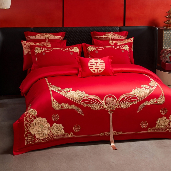 91家纺网 家纺一手货源 找家纺 宏羽纺家纺 2025新款全棉100%全棉新中式婚庆多件套 全棉甜蜜爱人-金