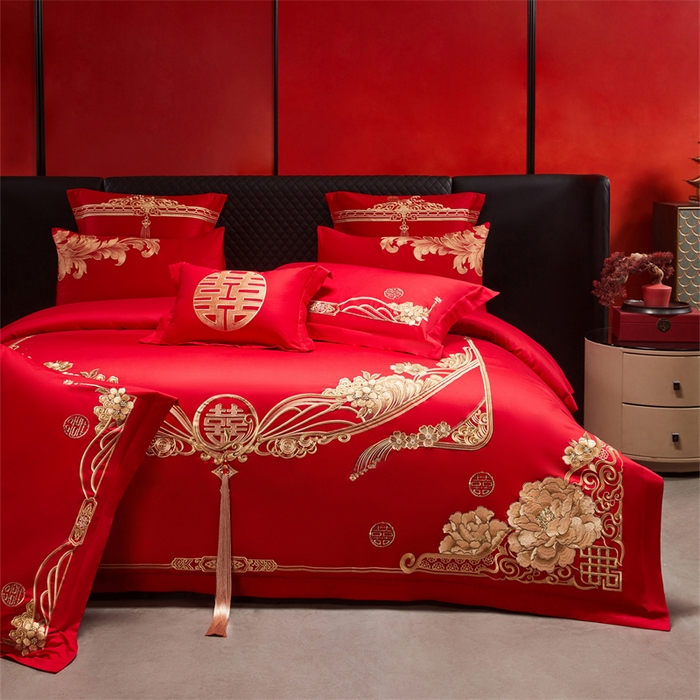 91家纺网 家纺一手货源 找家纺 宏羽纺家纺 2025新款全棉100%全棉新中式婚庆多件套 全棉甜蜜爱人-金